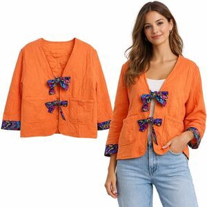 LA BAISEO Boho Quilted Jacket Orange Floral Bow Tie Open Front NWT XL Soft Comfy